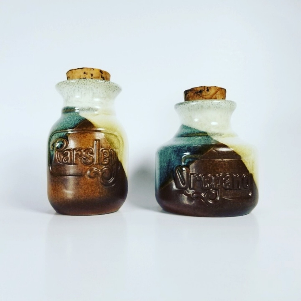 Midcentury Stoneware Pottery Spice Jars PIC USA Earth Tone Dip Glaze Cork Retro